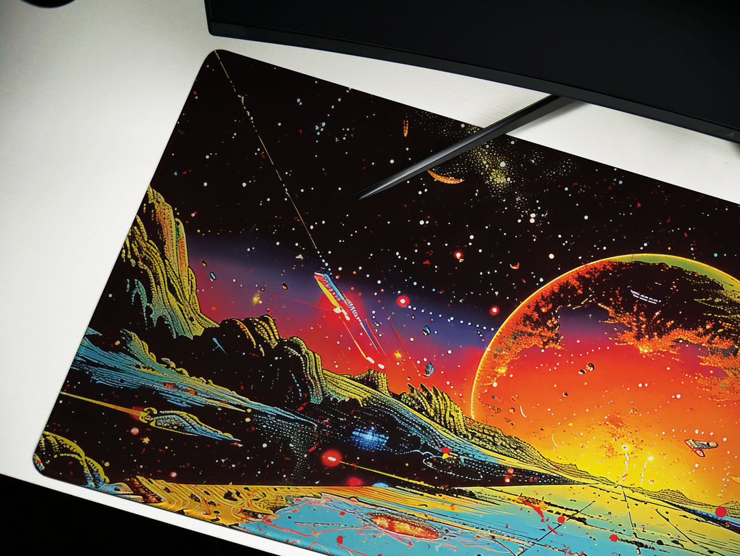 Astral Vantage Design 6, Desk Pad, Mouse Pad, Desk Mat, Crimson Planet Horizon, Galactic Discovery
