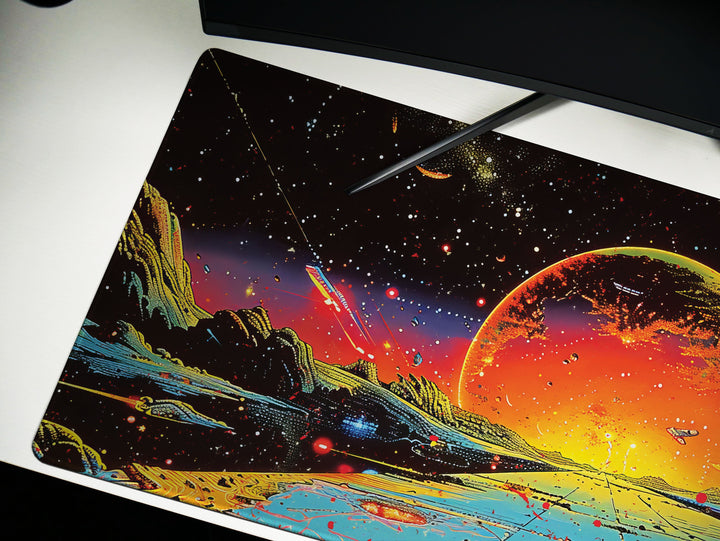 Astral Vantage Design 6, Desk Pad, Mouse Pad, Desk Mat, Crimson Planet Horizon, Galactic Discovery