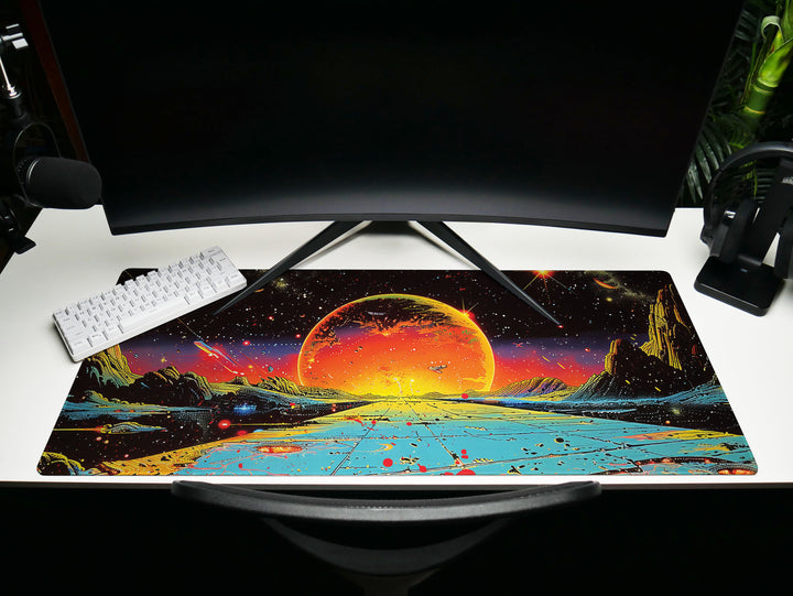 Astral Vantage Design 6, Desk Pad, Mouse Pad, Desk Mat, Crimson Planet Horizon, Galactic Discovery