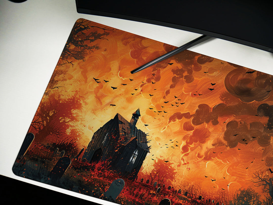 Sanguine Dusk Design 1, Desk Pad, Mouse Pad, Desk Mat, Eerie Churchyard, Autumn Blaze
