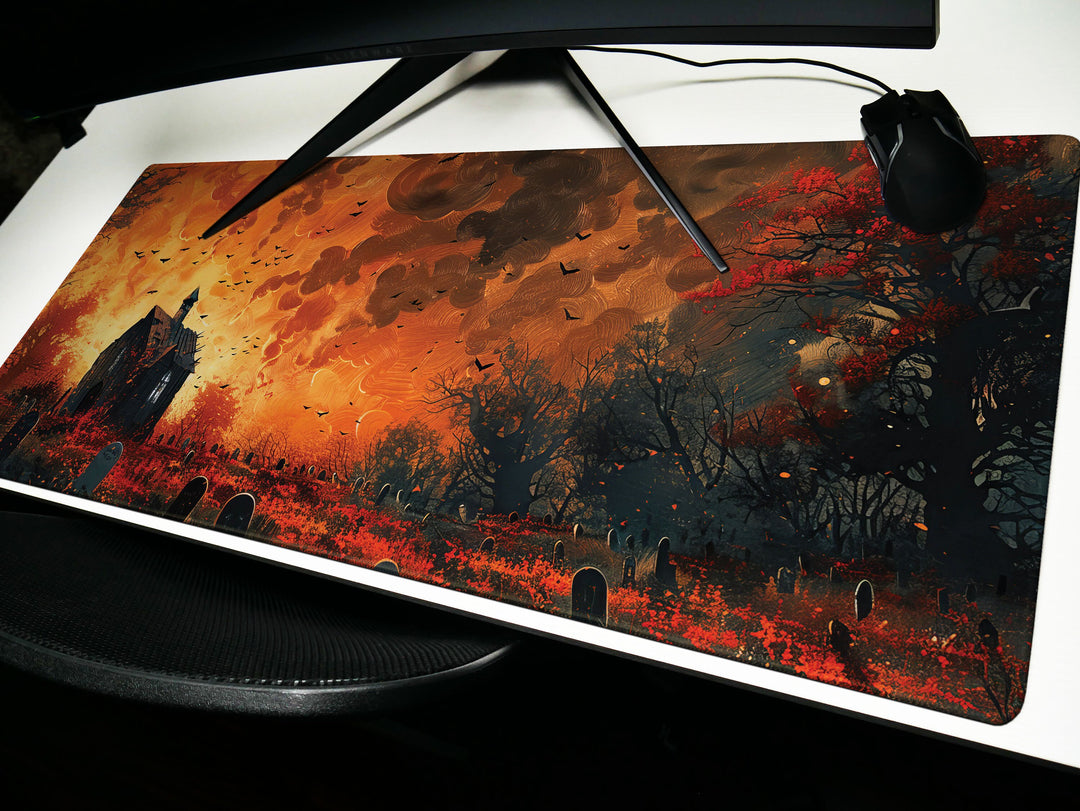 Sanguine Dusk Design 1, Desk Pad, Mouse Pad, Desk Mat, Eerie Churchyard, Autumn Blaze