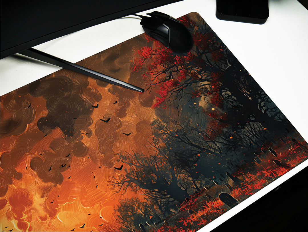 Sanguine Dusk Design 1, Desk Pad, Mouse Pad, Desk Mat, Eerie Churchyard, Autumn Blaze