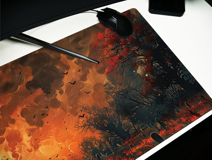 Sanguine Dusk Design 1, Desk Pad, Mouse Pad, Desk Mat, Eerie Churchyard, Autumn Blaze