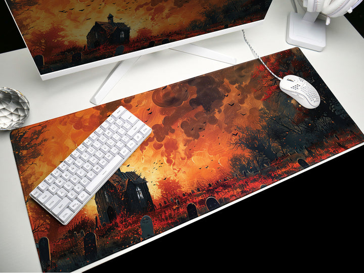 Sanguine Dusk Design 1, Desk Pad, Mouse Pad, Desk Mat, Eerie Churchyard, Autumn Blaze
