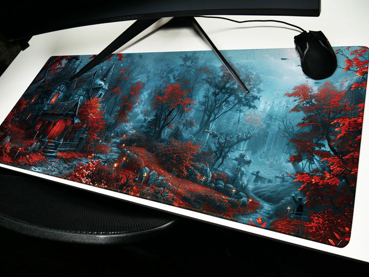 Sanguine Dusk Design 3, Desk Pad, Mouse Pad, Desk Mat, Crimson Enchantment, Forest Whispers