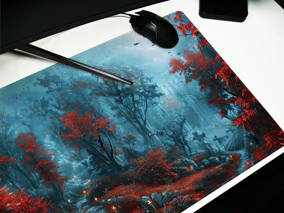 Sanguine Dusk Design 3, Desk Pad, Mouse Pad, Desk Mat, Crimson Enchantment, Forest Whispers
