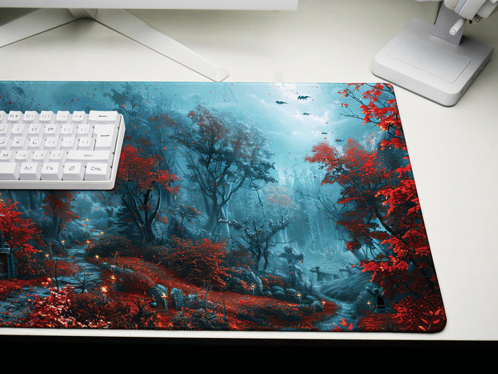 Sanguine Dusk Design 3, Desk Pad, Mouse Pad, Desk Mat, Crimson Enchantment, Forest Whispers