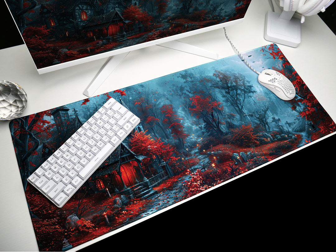 Sanguine Dusk Design 3, Desk Pad, Mouse Pad, Desk Mat, Crimson Enchantment, Forest Whispers