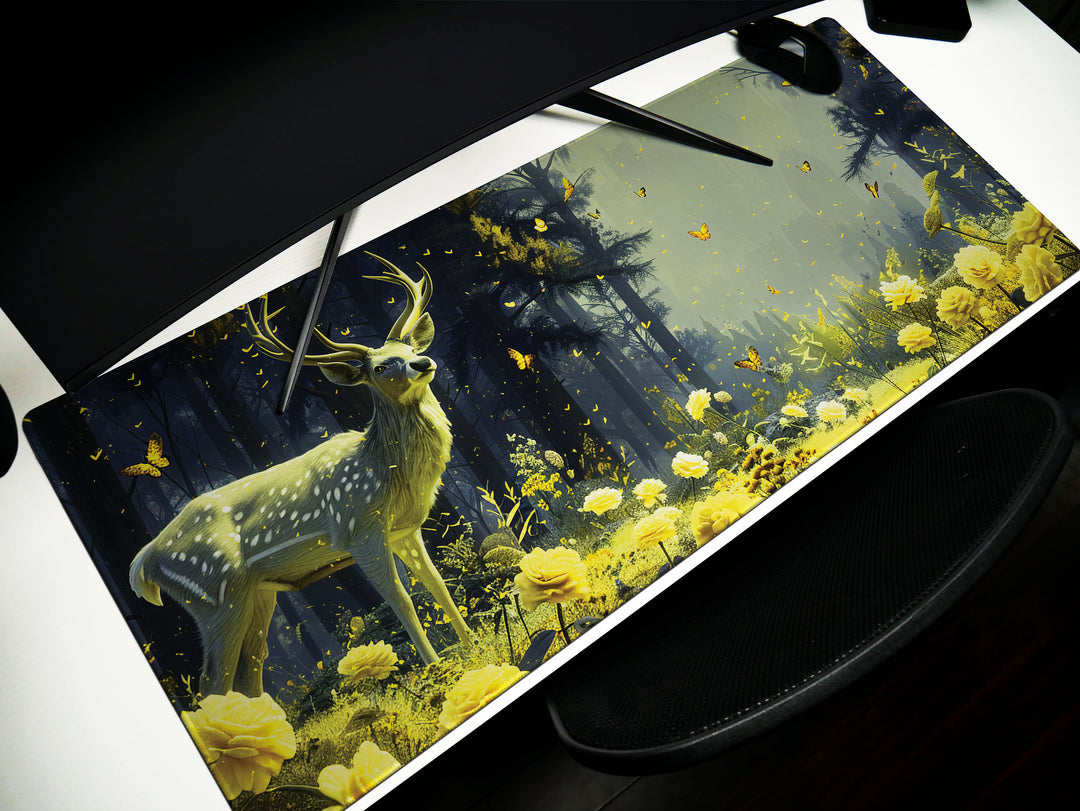 Floral Enchantment Design 3, Desk Pad, Luminous Woodland Majesty, Golden Blossom Glow, Artistic Workspace