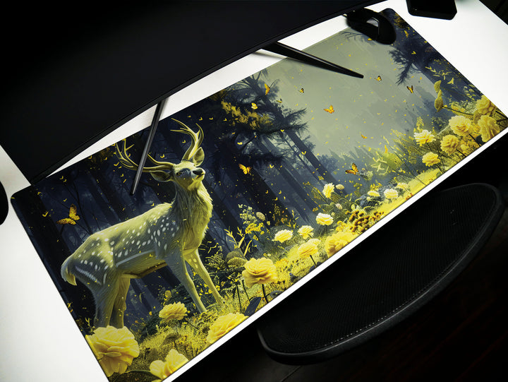 Floral Enchantment Design 3, Desk Pad, Luminous Woodland Majesty, Golden Blossom Glow, Artistic Workspace