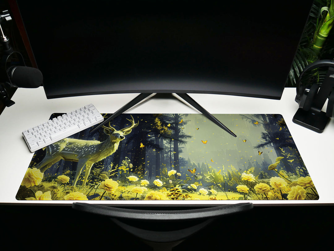 Floral Enchantment Design 3, Desk Pad, Luminous Woodland Majesty, Golden Blossom Glow, Artistic Workspace