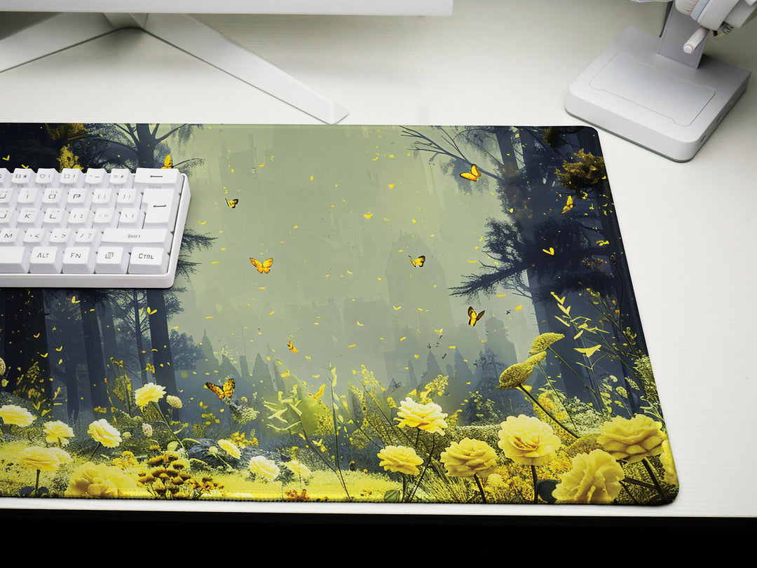 Floral Enchantment Design 3, Desk Pad, Luminous Woodland Majesty, Golden Blossom Glow, Artistic Workspace