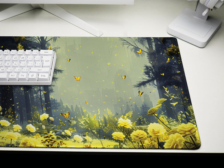 Floral Enchantment Design 3, Desk Pad, Luminous Woodland Majesty, Golden Blossom Glow, Artistic Workspace