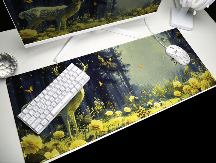 Floral Enchantment Design 3, Desk Pad, Luminous Woodland Majesty, Golden Blossom Glow, Artistic Workspace
