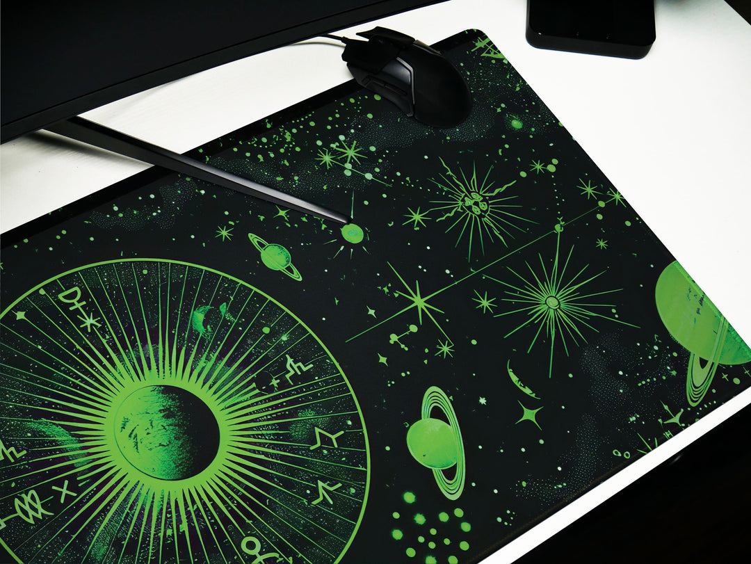 Cosmic Cartography Design 2, Desk Pad, Mouse Pad, Desk Mat, Luminous Astrology, Galactic Green