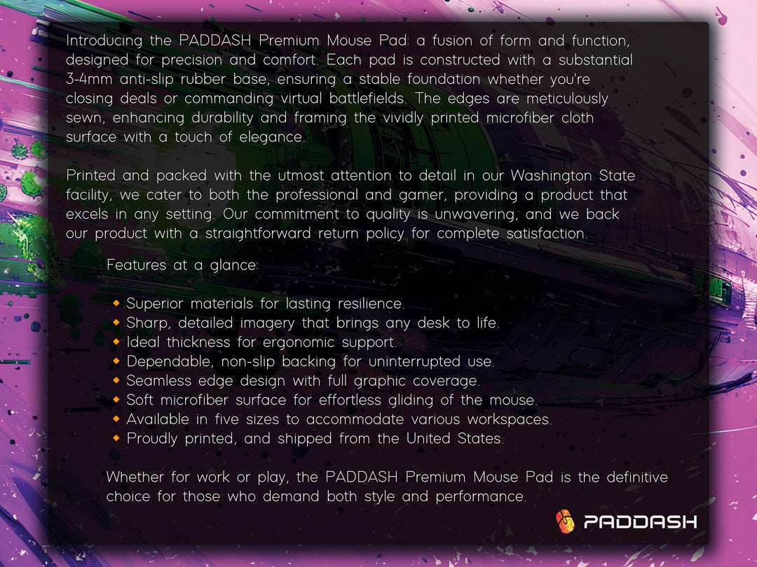 Cosmic Conquest Design 5, Desk Pad, Mouse Pad, Desk Mat, Neon Star Cruiser, Purple Nebula Blast