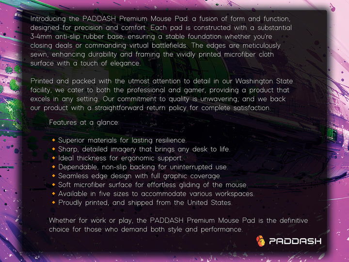 Cosmic Conquest Design 5, Desk Pad, Mouse Pad, Desk Mat, Neon Star Cruiser, Purple Nebula Blast