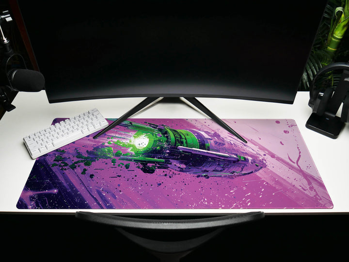 Cosmic Conquest Design 5, Desk Pad, Mouse Pad, Desk Mat, Neon Star Cruiser, Purple Nebula Blast