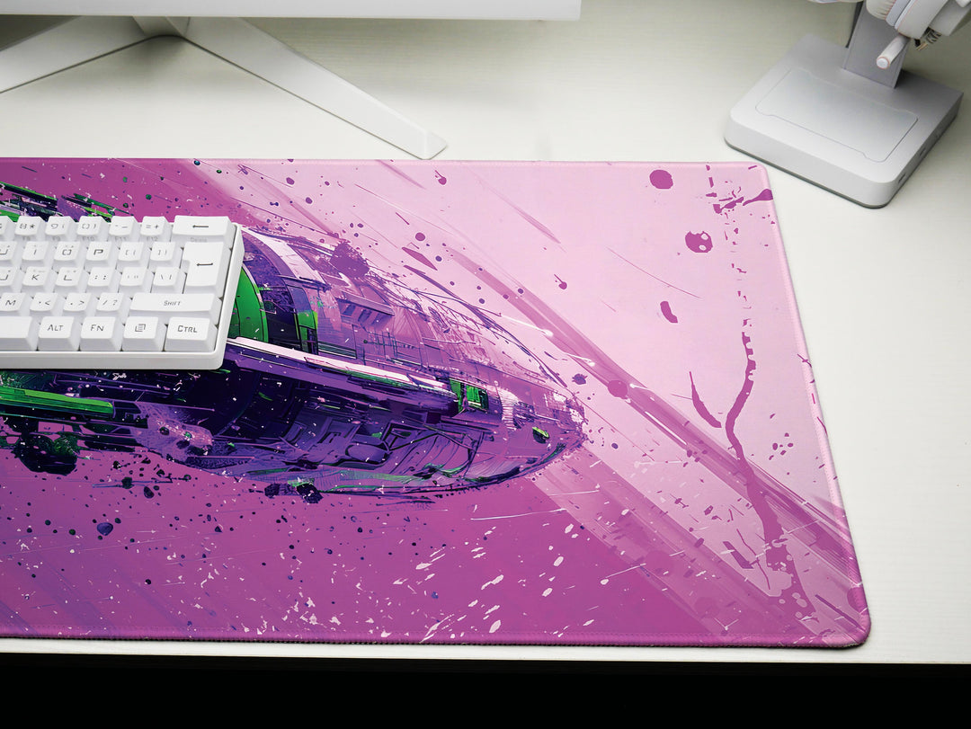 Cosmic Conquest Design 5, Desk Pad, Mouse Pad, Desk Mat, Neon Star Cruiser, Purple Nebula Blast