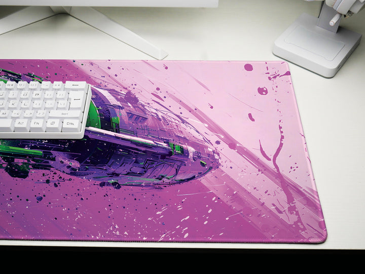 Cosmic Conquest Design 5, Desk Pad, Mouse Pad, Desk Mat, Neon Star Cruiser, Purple Nebula Blast
