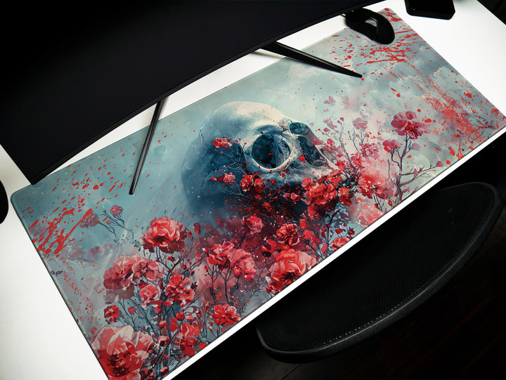 Eternal Bloom Design 1, Desk Pad, Mouse Pad, Desk Mat, Crimson Surrealism, Floral Skull Drama