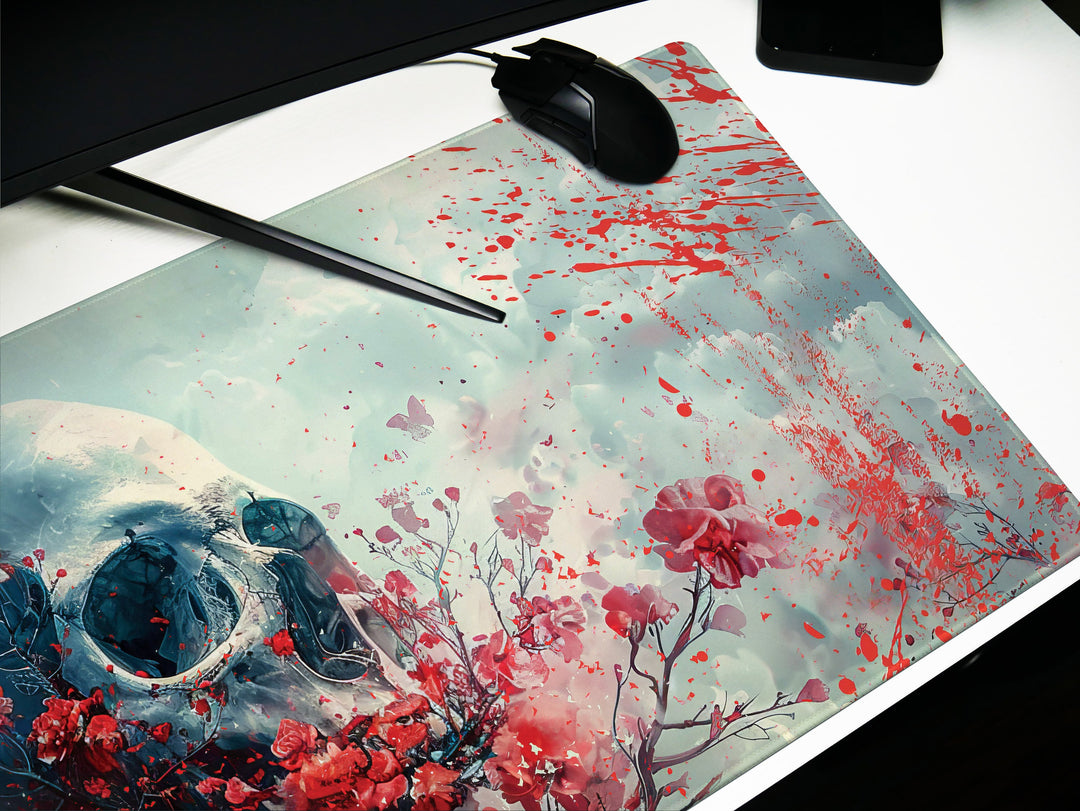 Eternal Bloom Design 1, Desk Pad, Mouse Pad, Desk Mat, Crimson Surrealism, Floral Skull Drama