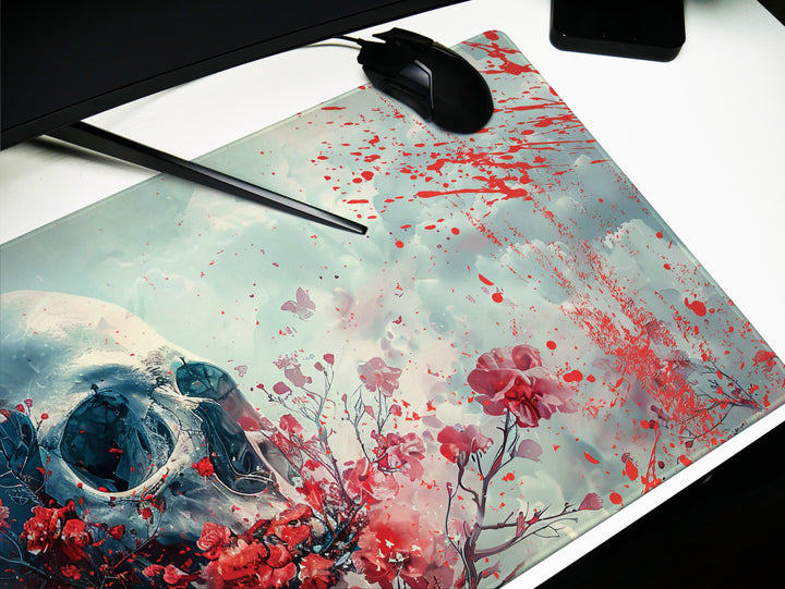 Eternal Bloom Design 1, Desk Pad, Mouse Pad, Desk Mat, Crimson Surrealism, Floral Skull Drama
