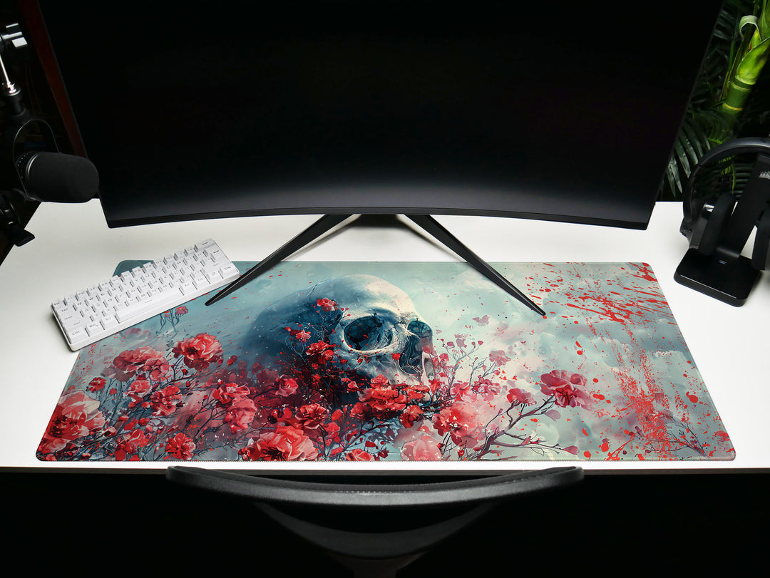 Eternal Bloom Design 1, Desk Pad, Mouse Pad, Desk Mat, Crimson Surrealism, Floral Skull Drama