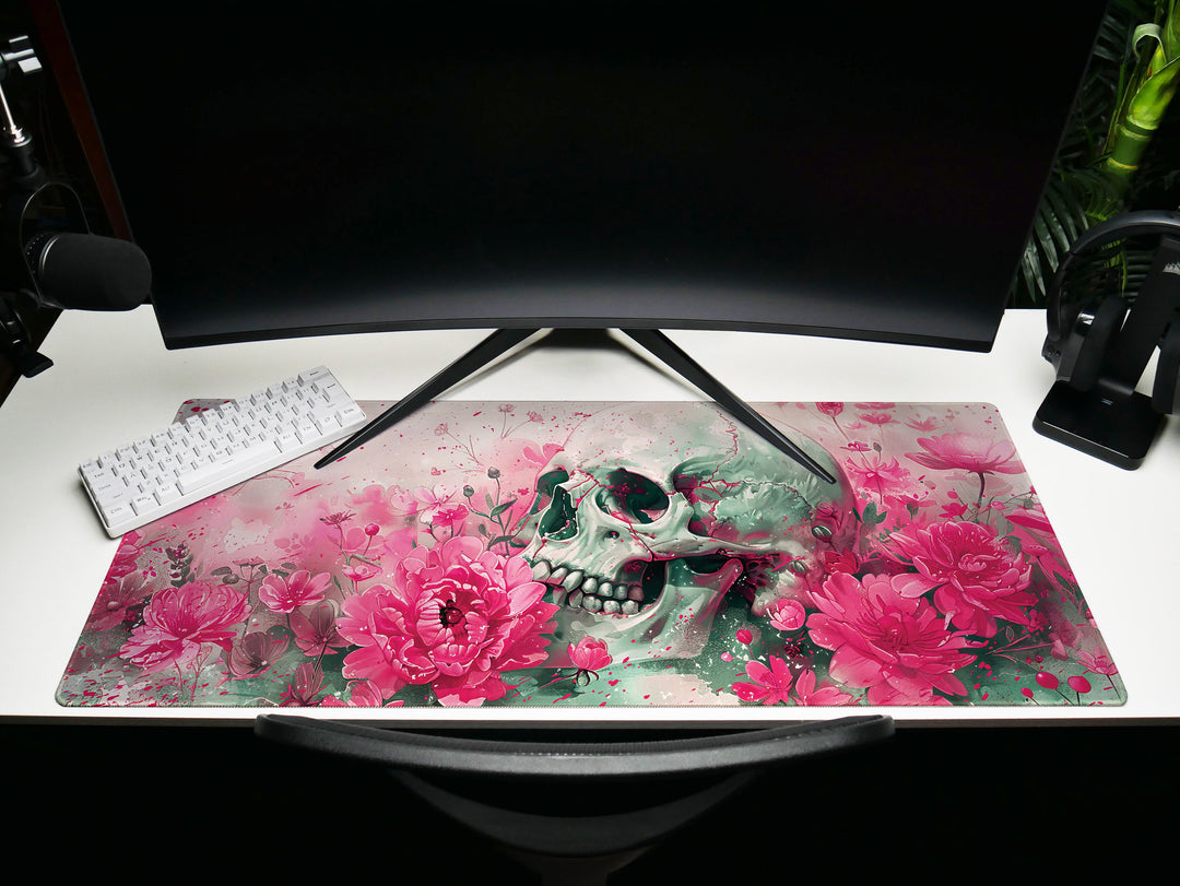 Eternal Bloom Design 2, Desk Pad, Mouse Pad, Desk Mat, Pink Floral Macabre, Artistic Elegance