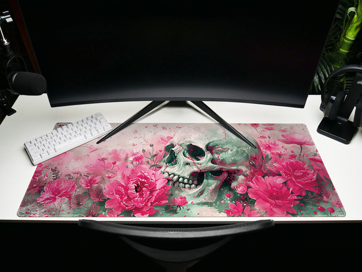 Eternal Bloom Design 2, Desk Pad, Mouse Pad, Desk Mat, Pink Floral Macabre, Artistic Elegance