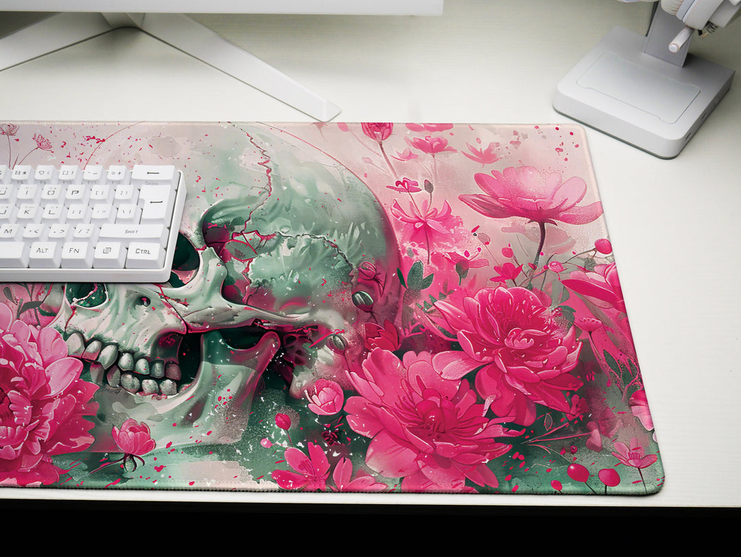 Eternal Bloom Design 2, Desk Pad, Mouse Pad, Desk Mat, Pink Floral Macabre, Artistic Elegance