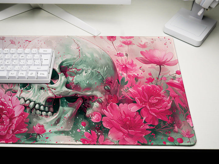 Eternal Bloom Design 2, Desk Pad, Mouse Pad, Desk Mat, Pink Floral Macabre, Artistic Elegance