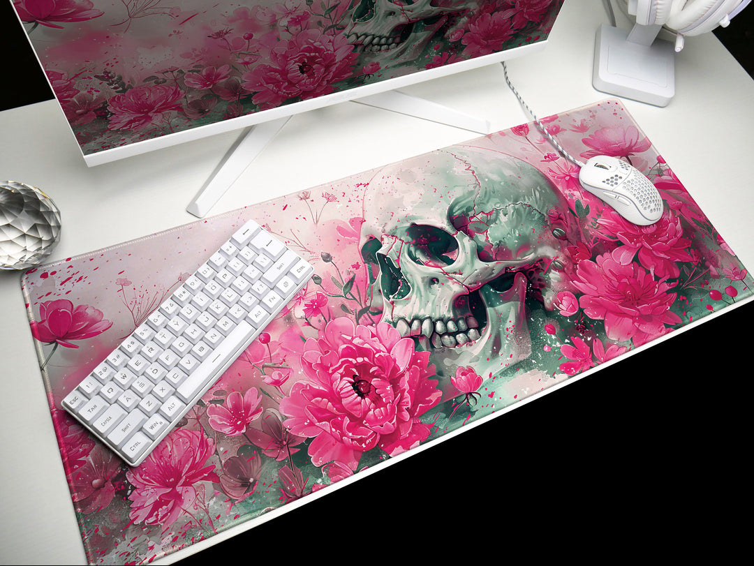 Eternal Bloom Design 2, Desk Pad, Mouse Pad, Desk Mat, Pink Floral Macabre, Artistic Elegance