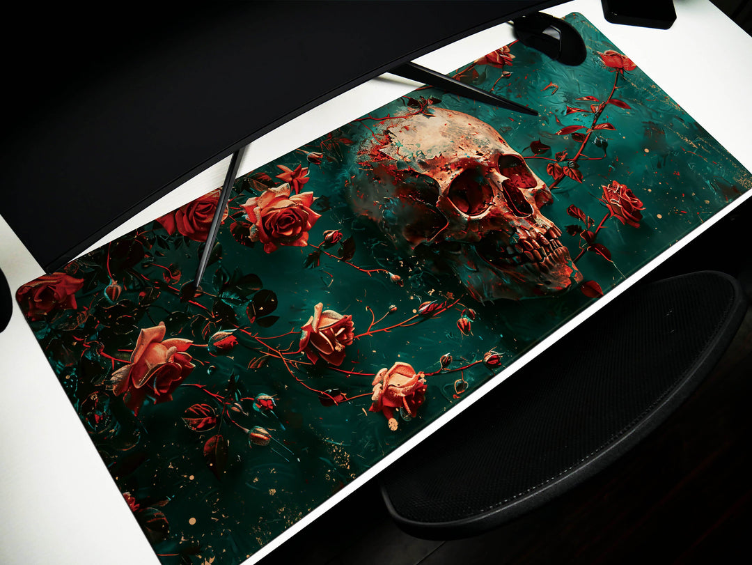 Eternal Bloom Design 6, Desk Pad, Mouse Pad, Desk Mat, Crimson Surrealism, Deep Sea Florals