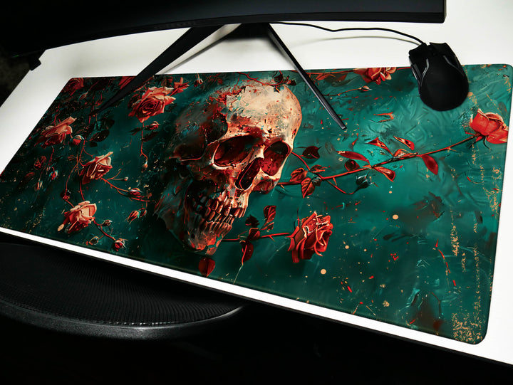 Eternal Bloom Design 6, Desk Pad, Mouse Pad, Desk Mat, Crimson Surrealism, Deep Sea Florals
