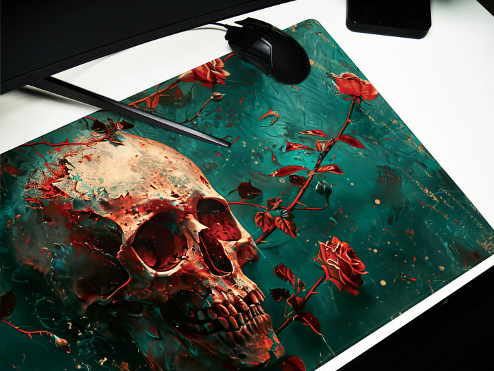 Eternal Bloom Design 6, Desk Pad, Mouse Pad, Desk Mat, Crimson Surrealism, Deep Sea Florals