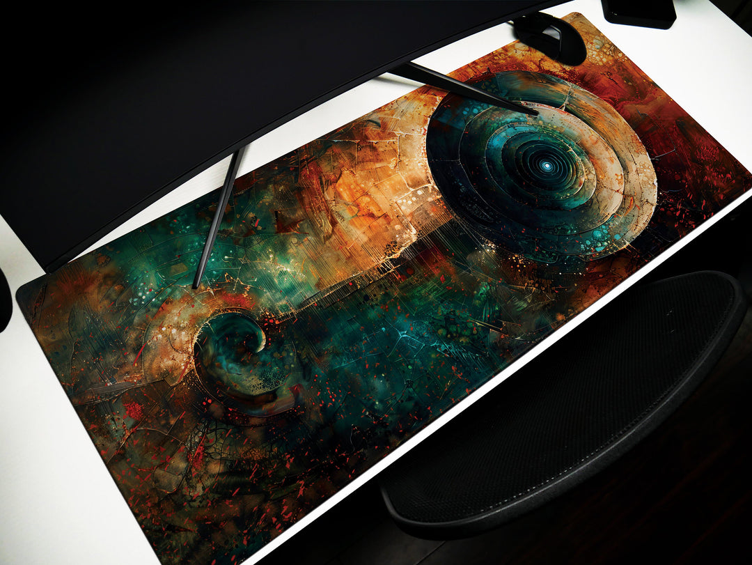 Spiral Genesis Design 1, Desk Pad, Mouse Pad, Desk Mat, Enigmatic Abstract Art, Vivid Colors, Dynamic Flow