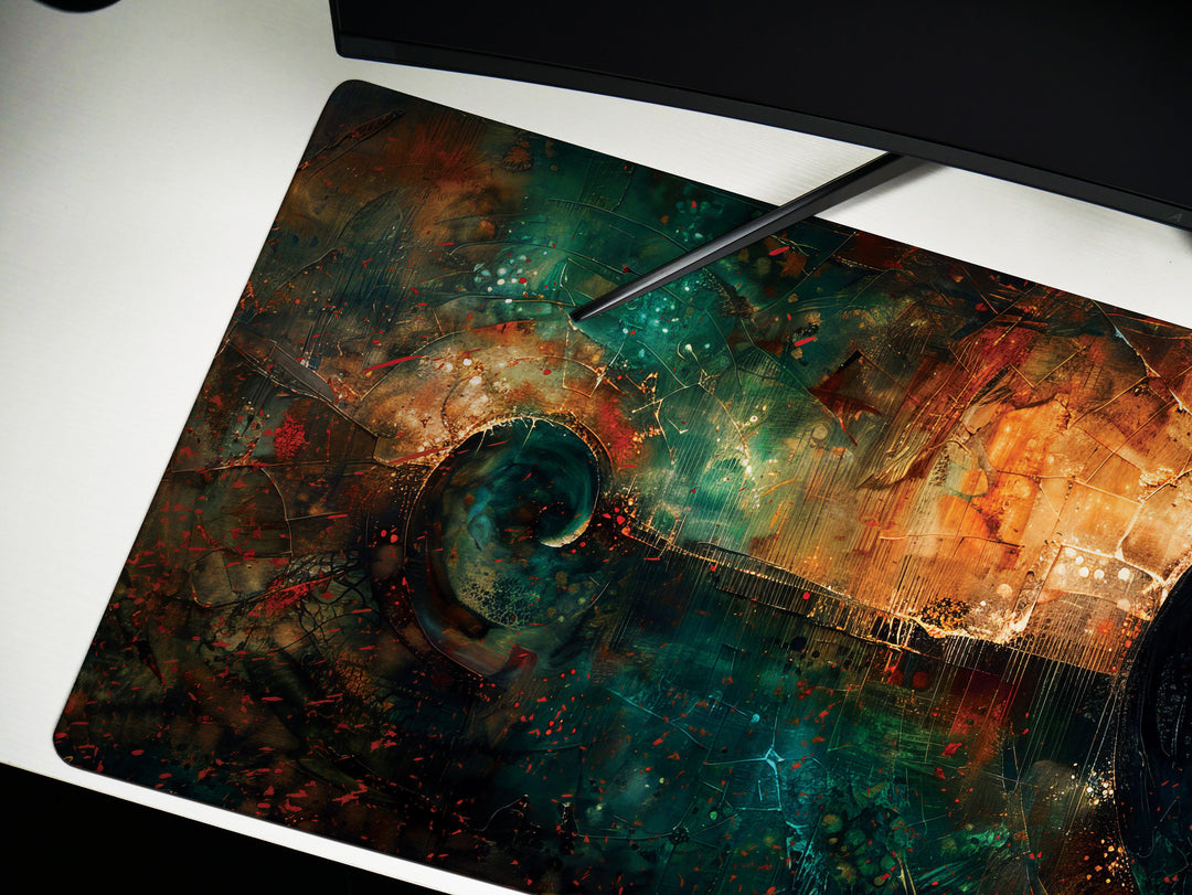 Spiral Genesis Design 1, Desk Pad, Mouse Pad, Desk Mat, Enigmatic Abstract Art, Vivid Colors, Dynamic Flow