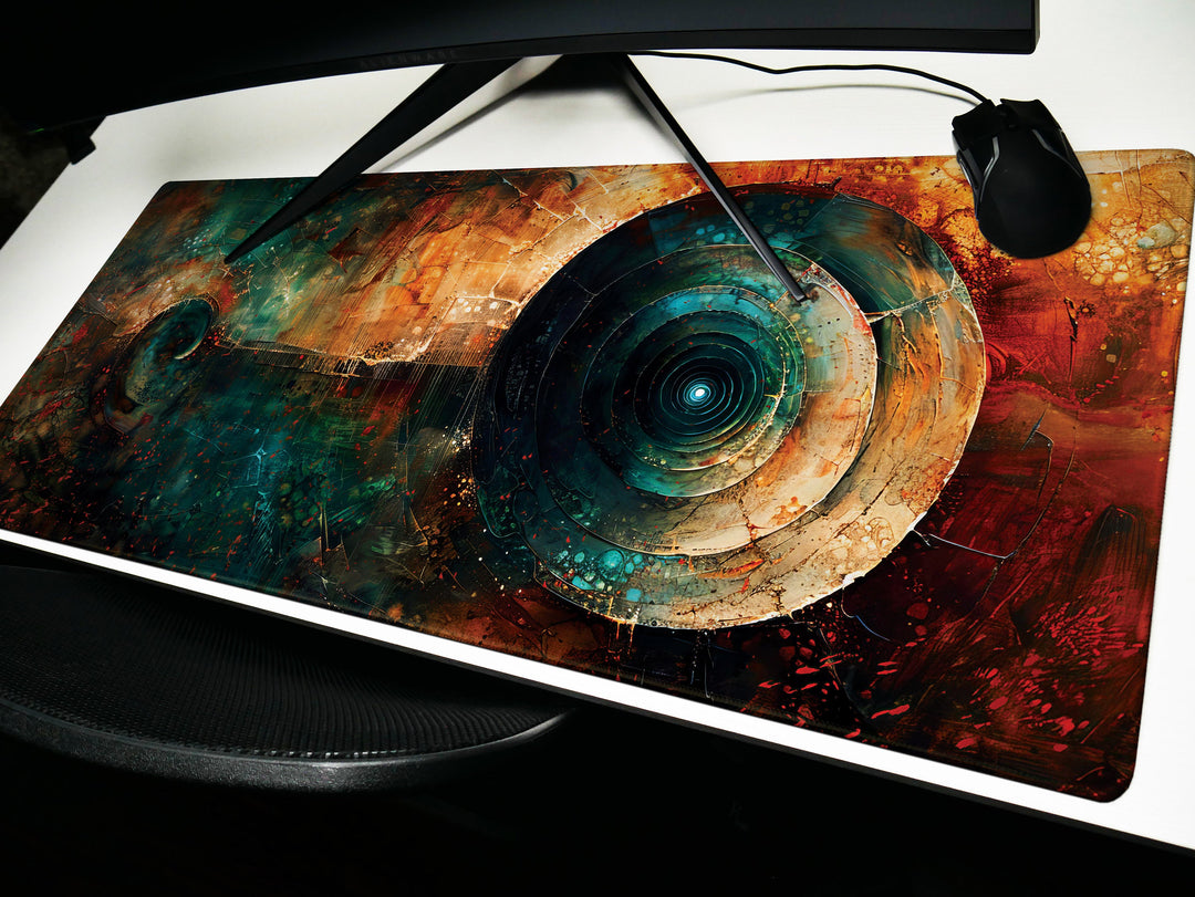 Spiral Genesis Design 1, Desk Pad, Mouse Pad, Desk Mat, Enigmatic Abstract Art, Vivid Colors, Dynamic Flow
