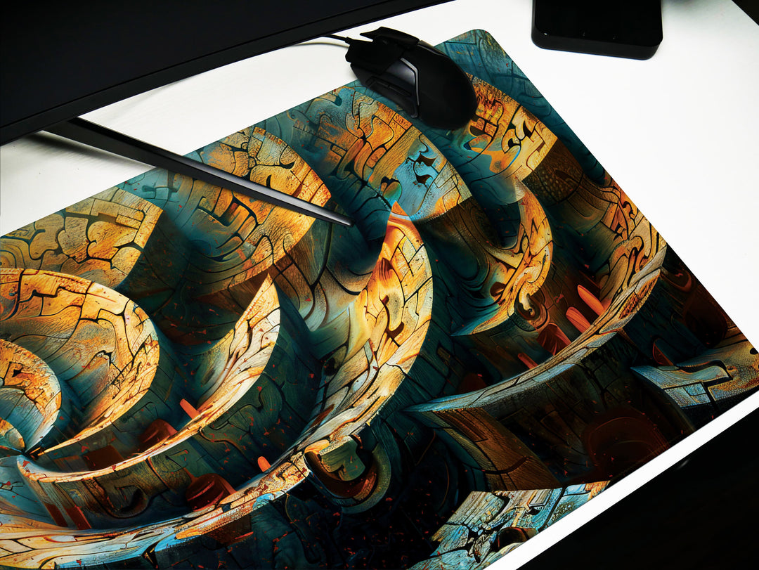 Spiral Genesis Design 2, Desk Pad, Mouse Pad, Desk Mat, Labyrinthine Textures, Earth Tones, Metallic Finish