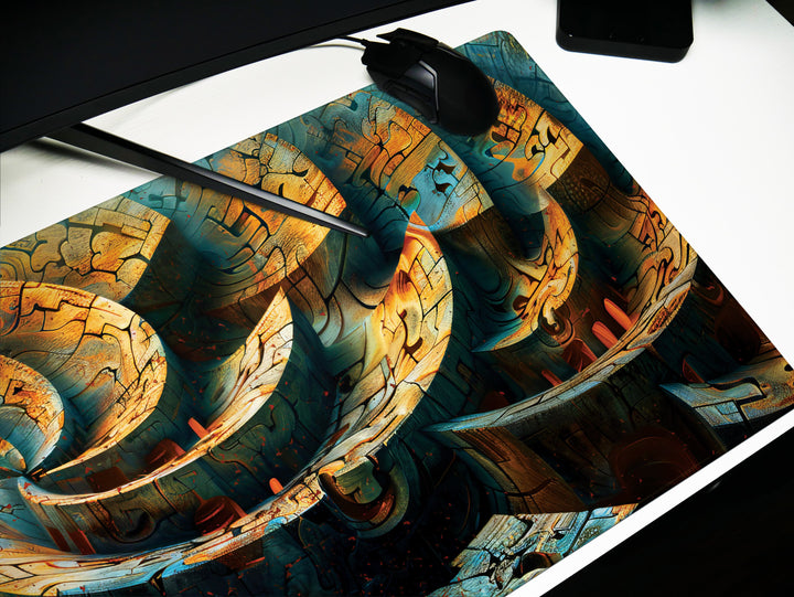 Spiral Genesis Design 2, Desk Pad, Mouse Pad, Desk Mat, Labyrinthine Textures, Earth Tones, Metallic Finish
