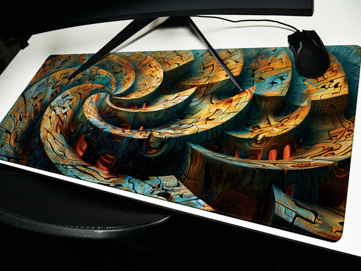 Spiral Genesis Design 2, Desk Pad, Mouse Pad, Desk Mat, Labyrinthine Textures, Earth Tones, Metallic Finish