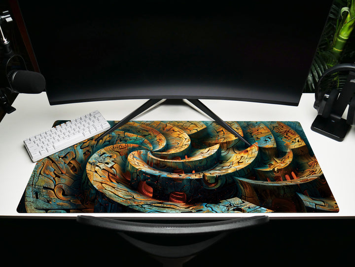 Spiral Genesis Design 2, Desk Pad, Mouse Pad, Desk Mat, Labyrinthine Textures, Earth Tones, Metallic Finish