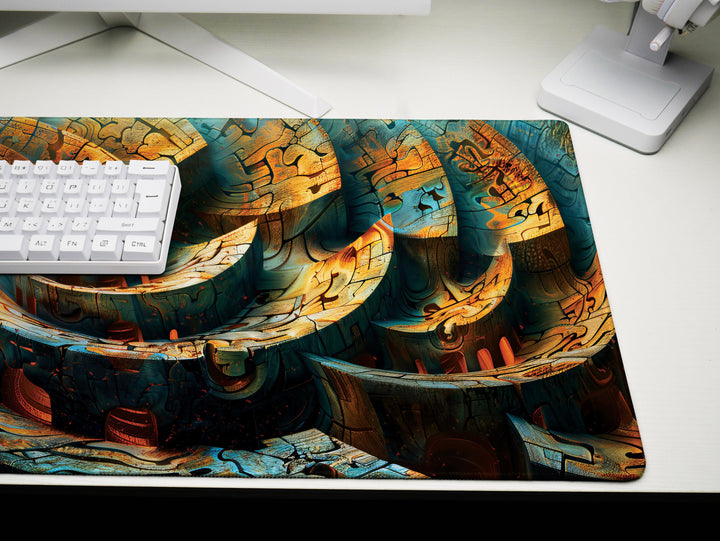 Spiral Genesis Design 2, Desk Pad, Mouse Pad, Desk Mat, Labyrinthine Textures, Earth Tones, Metallic Finish