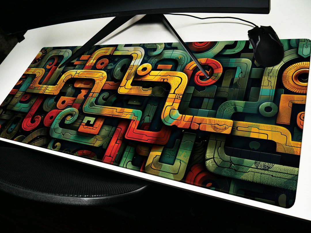 Spiral Genesis Design 3, Desk Pad, Mouse Pad, Desk Mat, Complex Abstract, Turquoise Highlights, Golden Accents
