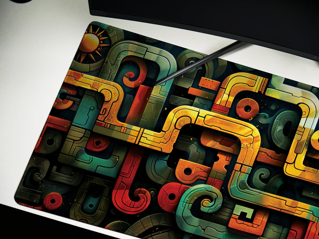 Spiral Genesis Design 3, Desk Pad, Mouse Pad, Desk Mat, Complex Abstract, Turquoise Highlights, Golden Accents