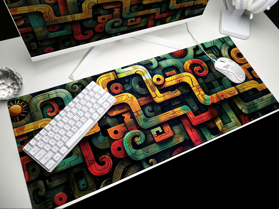 Spiral Genesis Design 3, Desk Pad, Mouse Pad, Desk Mat, Complex Abstract, Turquoise Highlights, Golden Accents