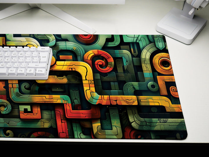 Spiral Genesis Design 3, Desk Pad, Mouse Pad, Desk Mat, Complex Abstract, Turquoise Highlights, Golden Accents