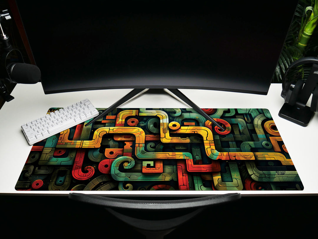 Spiral Genesis Design 3, Desk Pad, Mouse Pad, Desk Mat, Complex Abstract, Turquoise Highlights, Golden Accents