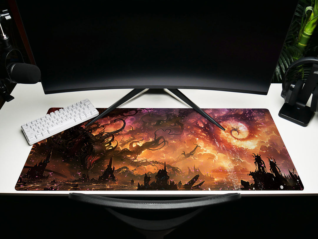 Eldritch Inferno Design 1, Desk Pad, Mouse Pad, Desk Mat, Cosmic Apocalypse, Alien Architecture